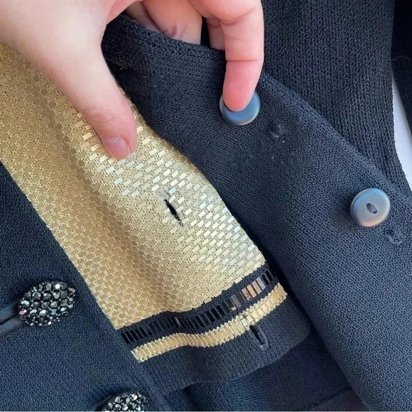 St. John Evening Marie Gray Jacket Blazer Jeweled Black Metallic Gold Shoulder - Picture 4 of 14